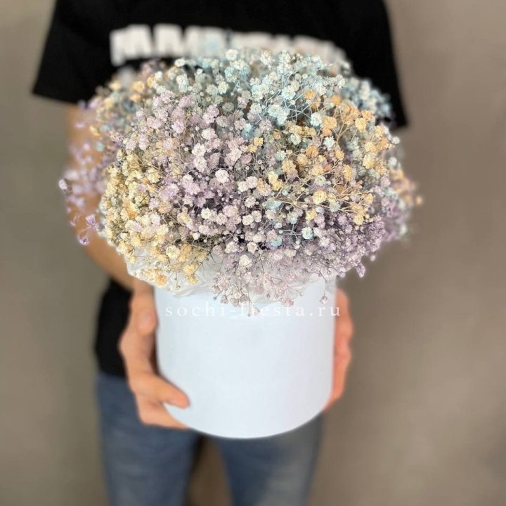 9 Радужных гипсофил в шляпной коробке в Орле